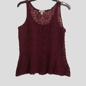 (SOLD) Arizona Burgundy Button Peplum Lace Top Size M